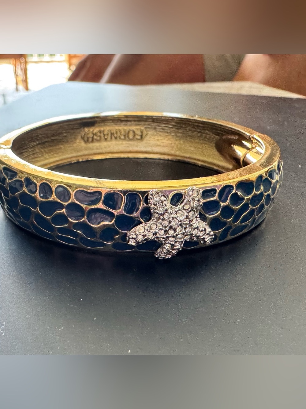 Fornash Navy Enamel Rhinestone Starfish Bangle Bracelet Coastal